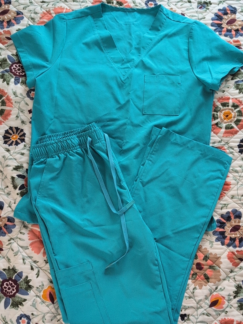 Teal Medical Scrub Set - V-Neck Top & Drawstring Pants